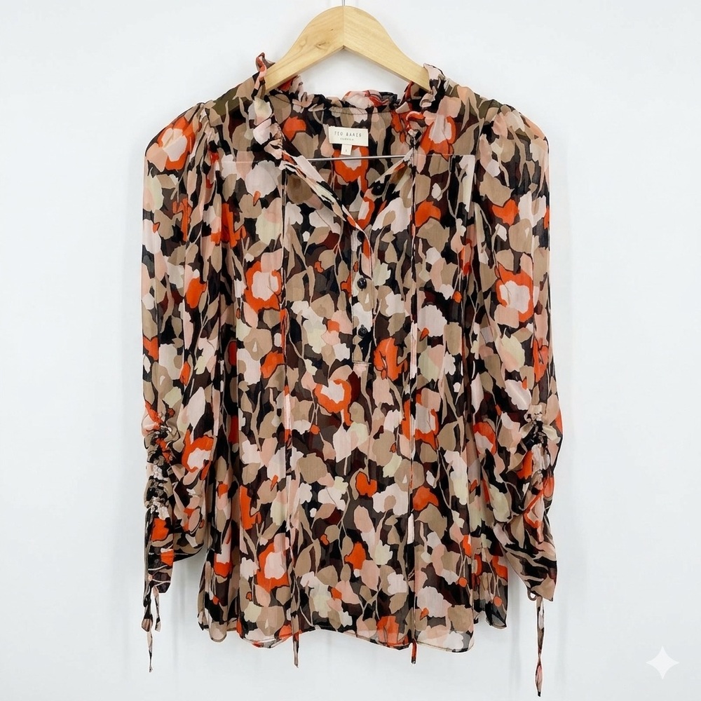 Ted Baker London Abstract‎ Floral Ruffle Neck Blouse Sheer Orange Tan Size 1